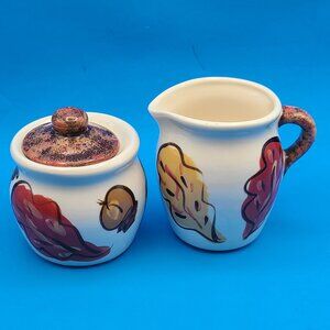 Paula Estey Pottery Vintage Hand Painted Creamer Sugar Autumn Leaves Acorns